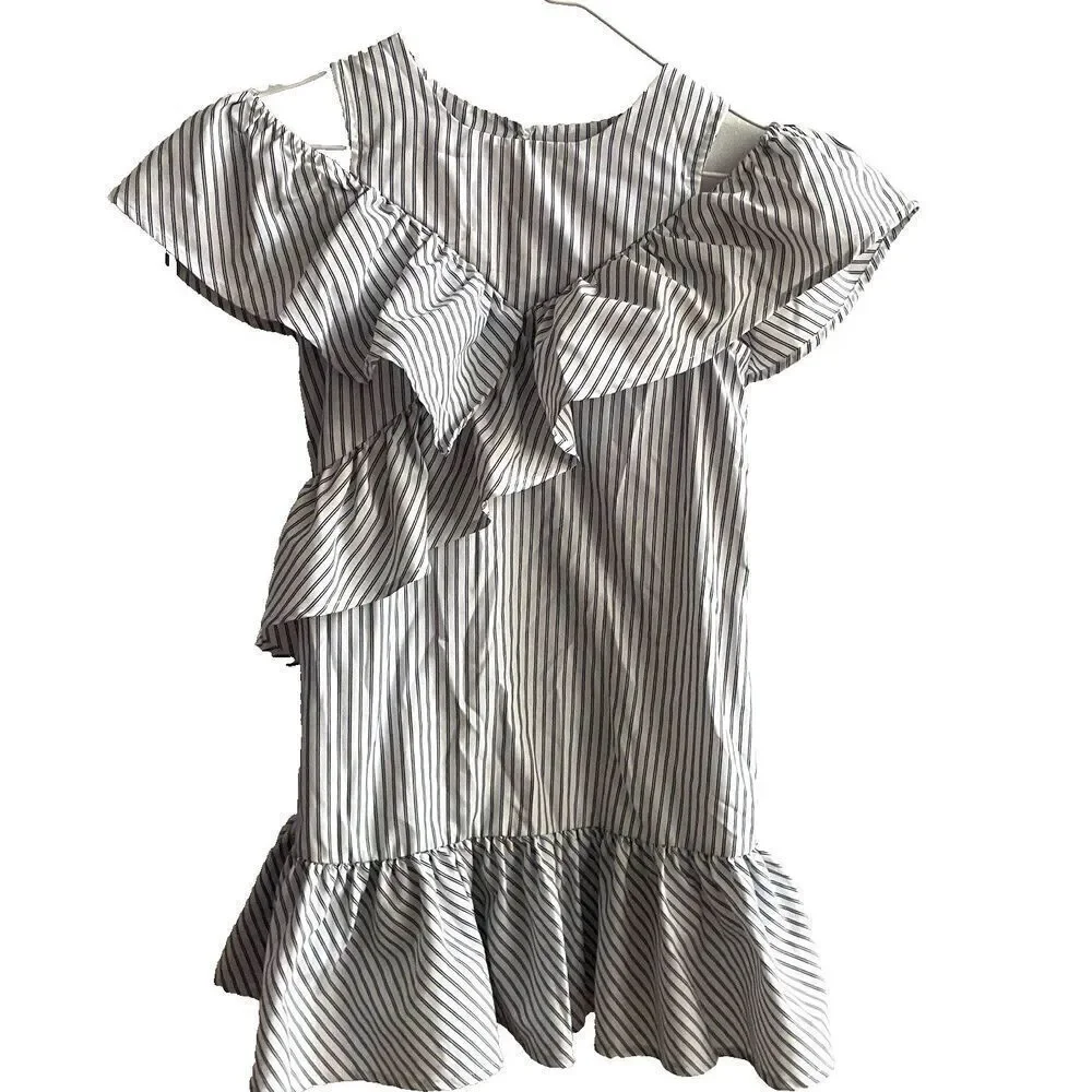 Habitual Girl  White Navy Shirt Dress 7/8 Ruffles Preppy Classic Cold Shoulder